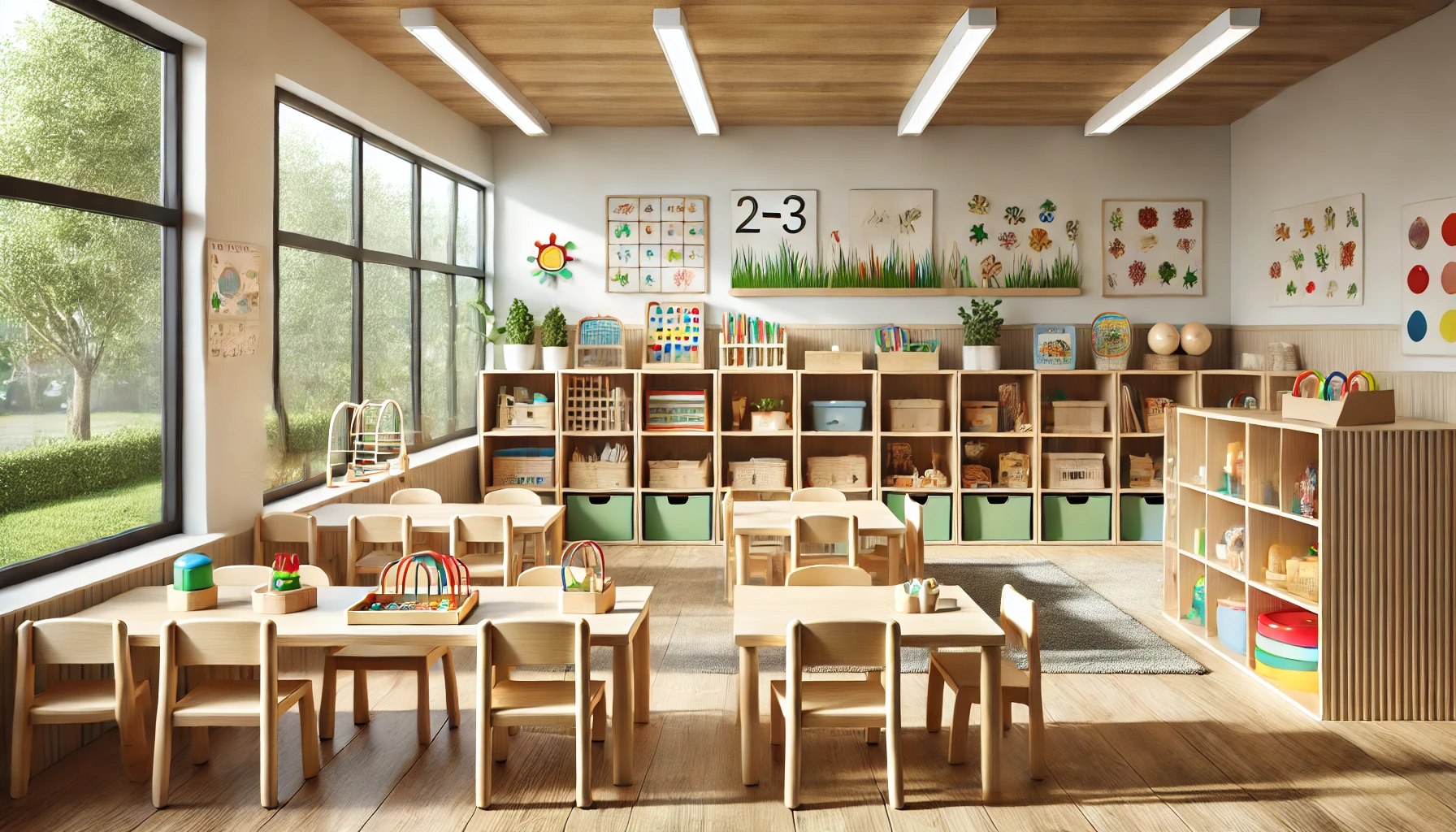 dall·e 2025 08 25 10.41.47 a bright clean childcare learning room for 2 3 year olds with organized child height wooden shelves holding educa.webp