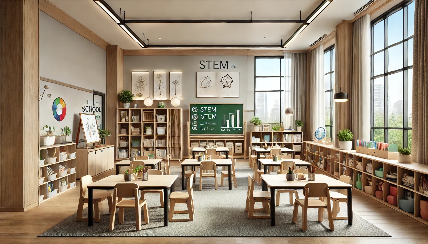 dall·e 2025 08 25 10.44.40 a sophisticated preschool classroom designed for 3 5 year olds featuring child sized desks writing stations boo.webp