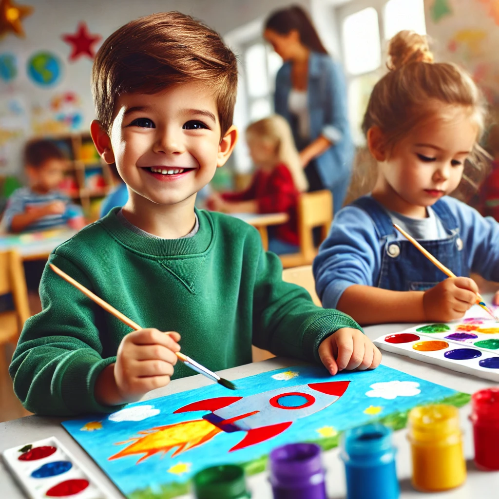 dall·e 2025 08 25 11.39.24 a joyful young boy in a green sweatshirt smiling while painting a colorful rocket picture at a classroom table. an.webp