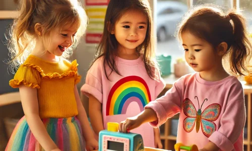 dall·e 2025 08 25 11.38.01 three young girls playing happily at a wooden play station in a bright childcare classroom. one girl is wearing a .webp